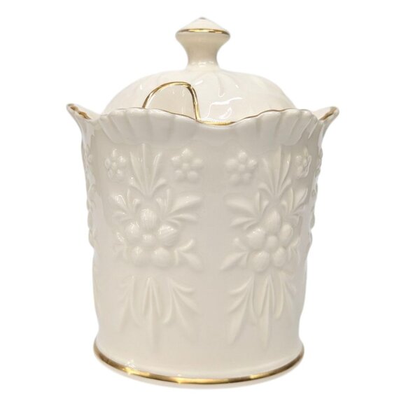 Vtg Aynsley Camellia Lidded Marmalade Jam Jar Cream Gold Trim Embossed 5" - Picture 2 of 10